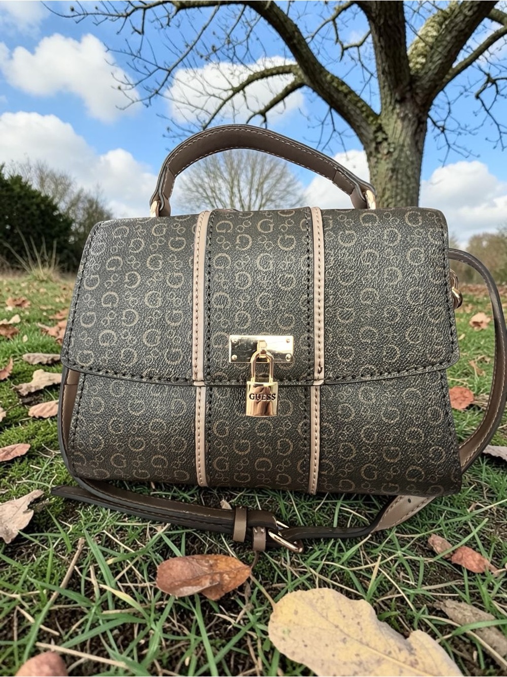 Guess Brown Monogram Lock-Front Top Handle Satchel
